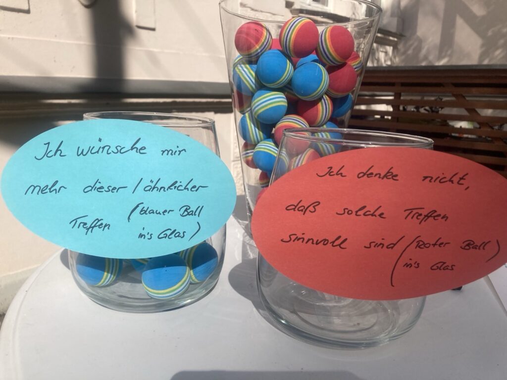 Bild mit Behältern, die mit blauen und roten Bällen gefüllt sind. Die Teilnehmer sollten über künftige Bürger-Dialoge abstimmen.